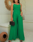 Pleated Design V Neck Adjustable Spaghetti Straps Cinched Waist Overalls Casual Pleated Flared Jumpsuit green