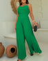 Pleated Design V Neck Adjustable Spaghetti Straps Cinched Waist Overalls Casual Pleated Flared Jumpsuit green