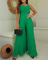 Pleated Design V Neck Adjustable Spaghetti Straps Cinched Waist Overalls Casual Pleated Flared Jumpsuit green