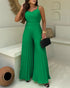 Pleated Design V Neck Adjustable Spaghetti Straps Cinched Waist Overalls Casual Pleated Flared Jumpsuit green