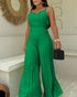 Pleated Design V Neck Adjustable Spaghetti Straps Cinched Waist Overalls Casual Pleated Flared Jumpsuit green