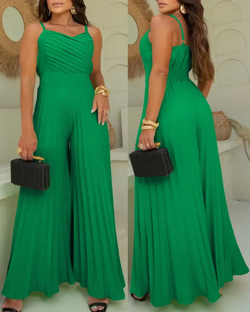 Pleated Design V Neck Adjustable Spaghetti Straps Cinched Waist Overalls Casual Pleated Flared Jumpsuit green