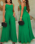 Pleated Design V Neck Adjustable Spaghetti Straps Cinched Waist Overalls Casual Pleated Flared Jumpsuit green