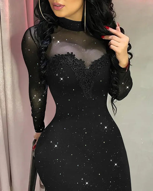 Glitter Long Sleeve Mock Neck Sheer Mesh Patch Bodycon Dress Night Out Party Mini Dress black