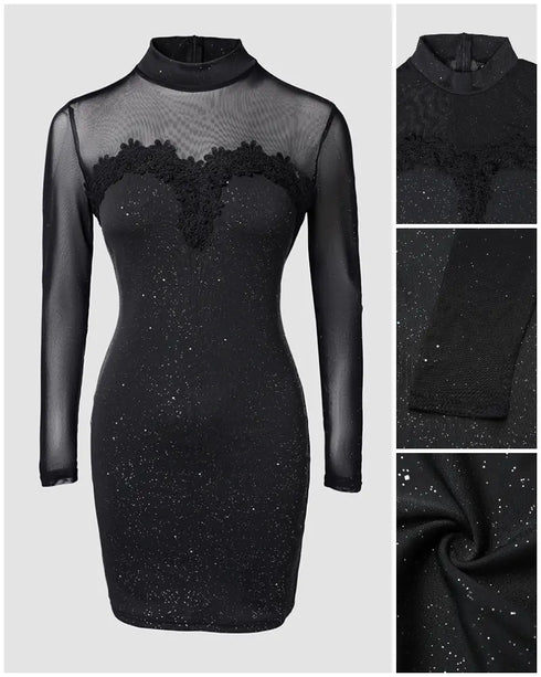 Off Shoulder Long Sleeve Lace Spliced Ruched Evening Dress Velvet Mini Party Dress black