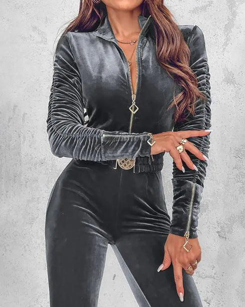 Velvet Off Shoulder Beaded Jumpsuits Elegant Long Sleeve Overalls with Elastic Waistbelt gray