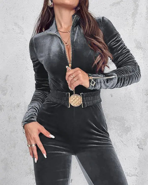 Velvet Zipper Design Ruched Long Sleeve Jumpsuit With Elastic Waistbelt gray
