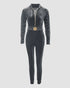 Velvet Zipper Design Ruched Long Sleeve Jumpsuit With Elastic Waistbelt gray