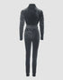 Velvet Zipper Design Ruched Long Sleeve Jumpsuit With Elastic Waistbelt gray