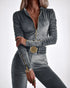 Velvet Off Shoulder Beaded Jumpsuits Elegant Long Sleeve Overalls with Elastic Waistbelt gray