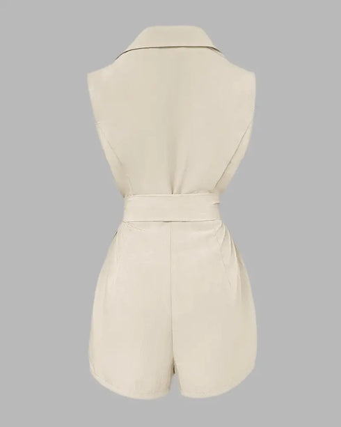 Notched Collar Sleeveless Tied Detail Button Romper Apricot