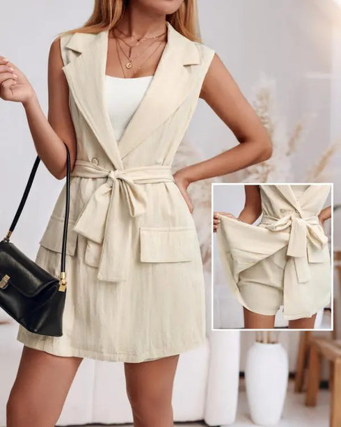 Notched Collar Sleeveless Tied Detail Button Romper Apricot