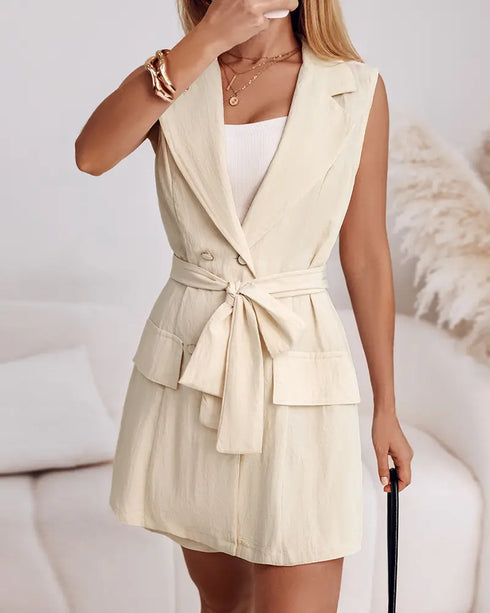 Notched Collar Sleeveless Tied Detail Button Romper Apricot