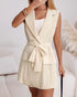 Notched Collar Sleeveless Tied Detail Button Romper Apricot