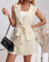 Notched Collar Sleeveless Tied Detail Button Romper Apricot