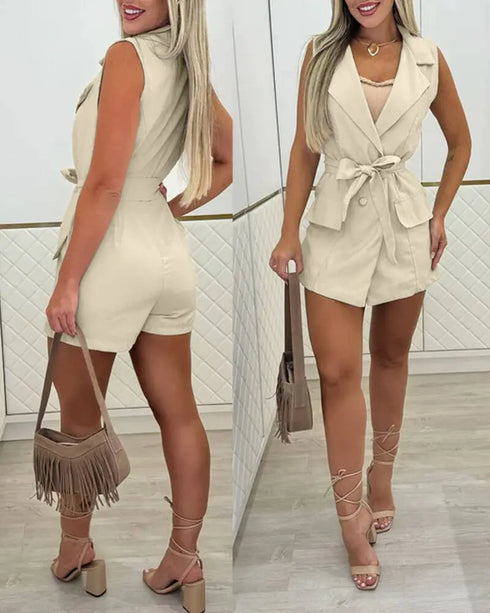 Notched Collar Sleeveless Tied Detail Button Romper Apricot