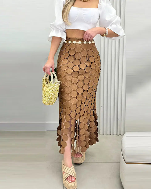 Hollow-out Boho Tassel Slim Fit Bodycon Long Skirt khaki