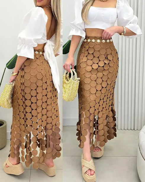 Hollow-out Boho Tassel Slim Fit Bodycon Long Skirt khaki