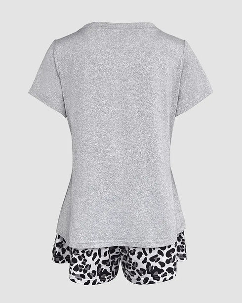 2 Pieces Outfit Graphic Pattern Short Sleeve Top and Casual Tie Dye Print Pants Set gray