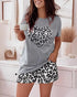 2 Pieces Outfit Graphic Pattern Short Sleeve Top and Casual Tie Dye Print Pants Set gray