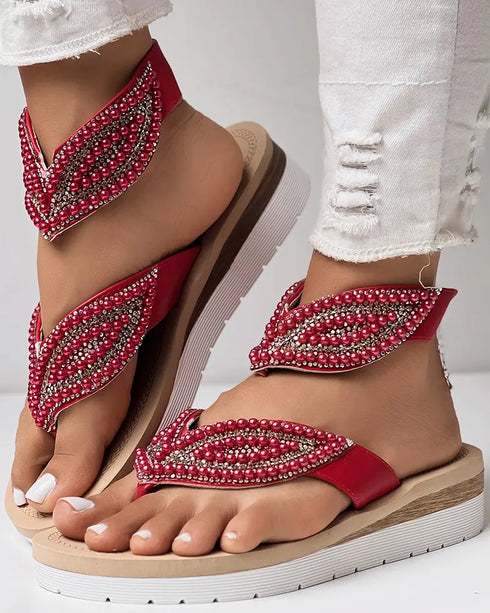 Rhinestone Beaded Leaf Pattern Summer Flip Flops red