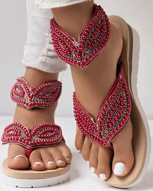 Rhinestone Beaded Leaf Pattern Summer Flip Flops red