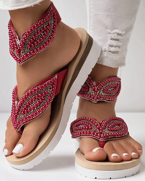 Rhinestone Beaded Leaf Pattern Summer Flip Flops red