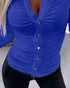 Long Sleeve Button Down Shirt Collar Neck Ruched Fitted Top blue