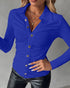 Long Sleeve Button Down Shirt Collar Neck Ruched Fitted Top blue