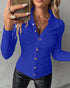 Long Sleeve Button Down Shirt Collar Neck Ruched Fitted Top blue