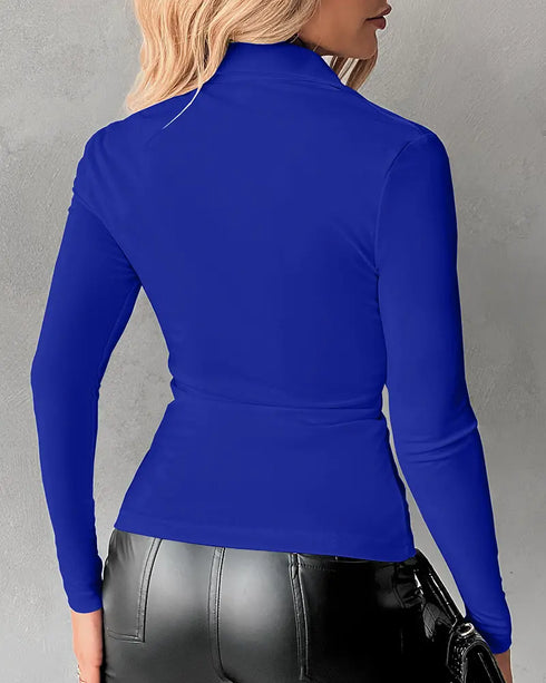 Long Sleeve Button Down Shirt Collar Neck Ruched Fitted Top blue