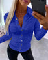 Long Sleeve Button Down Shirt Collar Neck Ruched Fitted Top blue