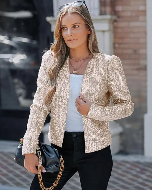 Jacquard & Argyle Pattern Open Front Jacket Casual Crop Coat champagne