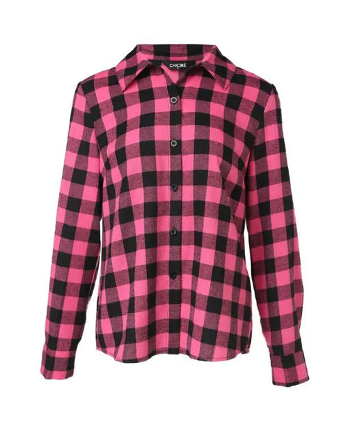 Plaid Pattern Button Down Shirts Long Sleeve Shackets Casual Blouse Top pink