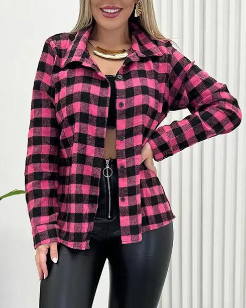 Plaid Pattern Button Down Shirts Long Sleeve Shackets Casual Blouse Top pink