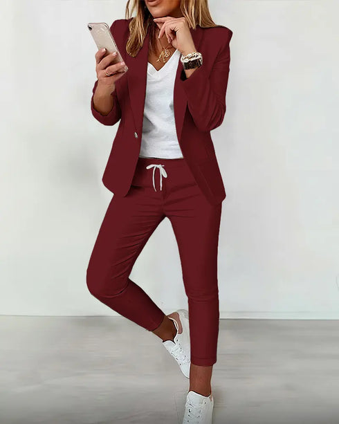 2 Pieces Outfit Shawl Collar Single Breasted Pockets Design Blazer Coat and Drawstring Elastic Waist Slim Fit Pants Set Dark Red