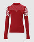 Mock Neck Long Sleeve Rhinestone Decor Top Wine red