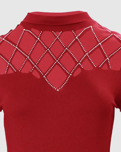 Rhinestone Decor Sweetheart Neck Long Sleeve Slim Fit Tee Bowknot Decor Casual Top with Thumb Hole Cuffs Wine red