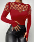 Rhinestone Decor Sweetheart Neck Long Sleeve Slim Fit Tee Bowknot Decor Casual Top with Thumb Hole Cuffs Wine red