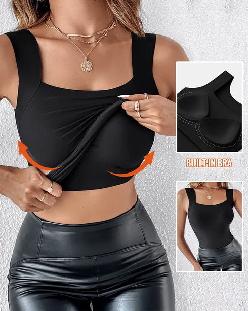 U-Neck Sleeveless Tank Seamless Skinny Layering Top with Built-In Bra style1