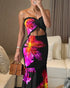Floral Print Bandeau Sleeveless Shirred Hollow-out Maxi Dress black