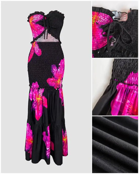 Floral Print Bandeau Sleeveless Shirred Hollow-out Maxi Dress black