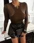 Metal Decor V-Neck Long Sleeve Sexy Hollow-out Slim Fit Top brown