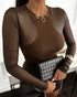 Metal Decor V-Neck Long Sleeve Sexy Hollow-out Slim Fit Top brown