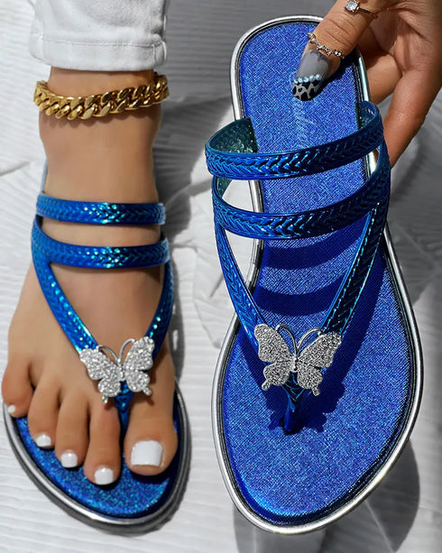 Butterfly Pattern Rhinestone Toe Post Flip Flops blue