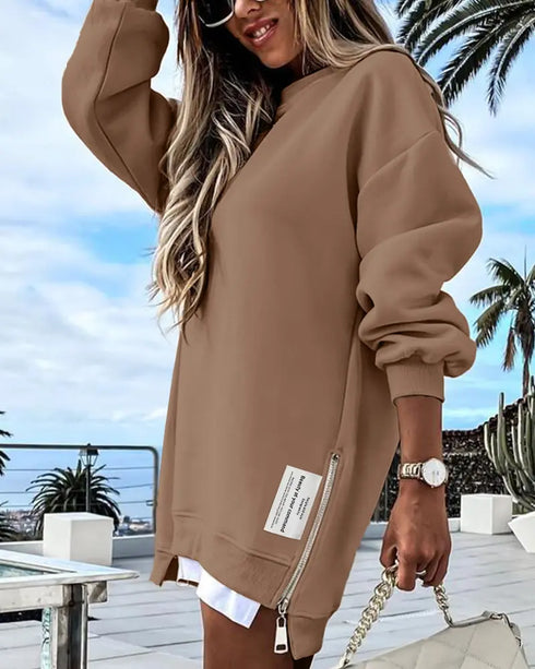 Long Sleeve Pocket Design Pullover Sweatshirt Casual Faux Two Piece Longline Drawstring Hooded Top brown
