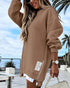 Long Sleeve Pocket Design Pullover Sweatshirt Casual Faux Two Piece Longline Drawstring Hooded Top brown