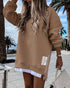 Long Sleeve Pocket Design Pullover Sweatshirt Casual Faux Two Piece Longline Drawstring Hooded Top brown