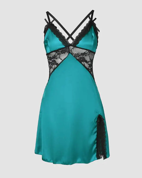 Contrast Lace Crisscross Babydoll Without Thong green