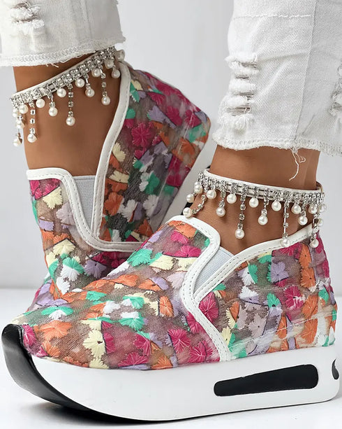 Casual Peep Toe Elastic Strap Slope Heel Sneaker Multicolor